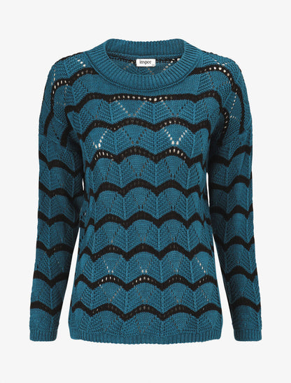 Pull ajouré à vagues stylisées - Bleu pétrole - 1