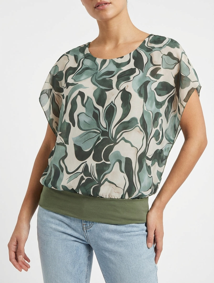 Top a destra maniche corte stampa floreale - Cachi