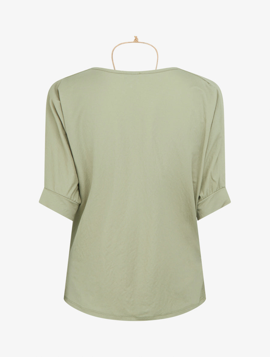 Top manches courtes effet lin à col bénitier - Vert olive - 2