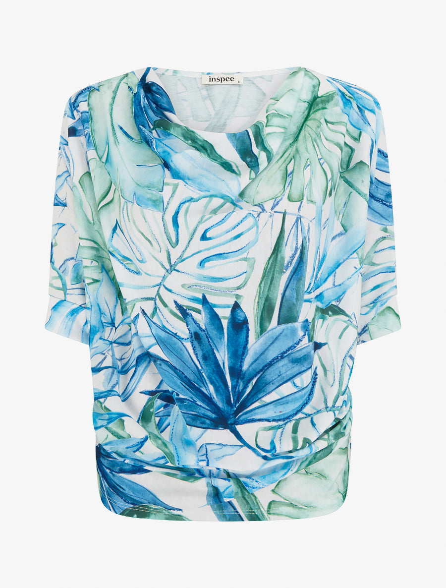 Top tropical manches 3/4 et effet plissé - Bleu - 1