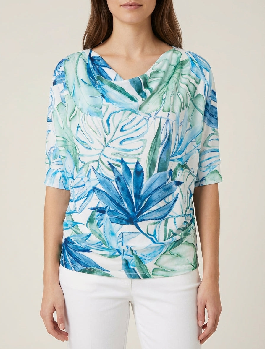 Top tropical maniche 3/4 ed effetto plissettato - Blu