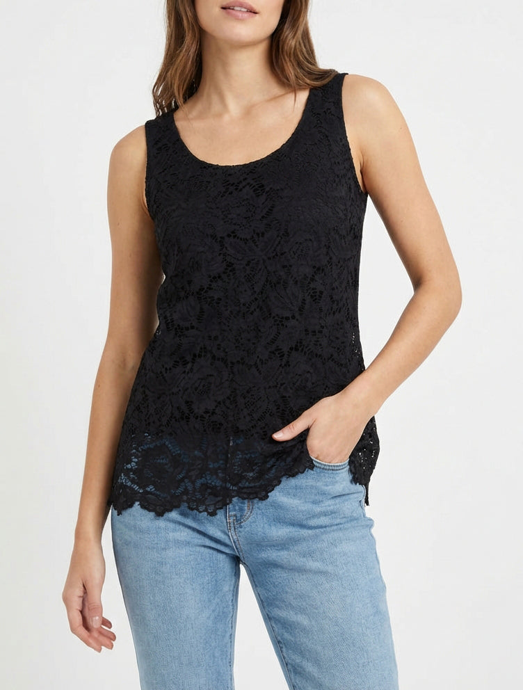 Top senza maniche in pizzo con scollo a U - Nero