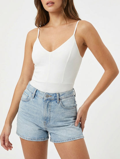 Body con scollo a V e spalline sottili - Bianco
