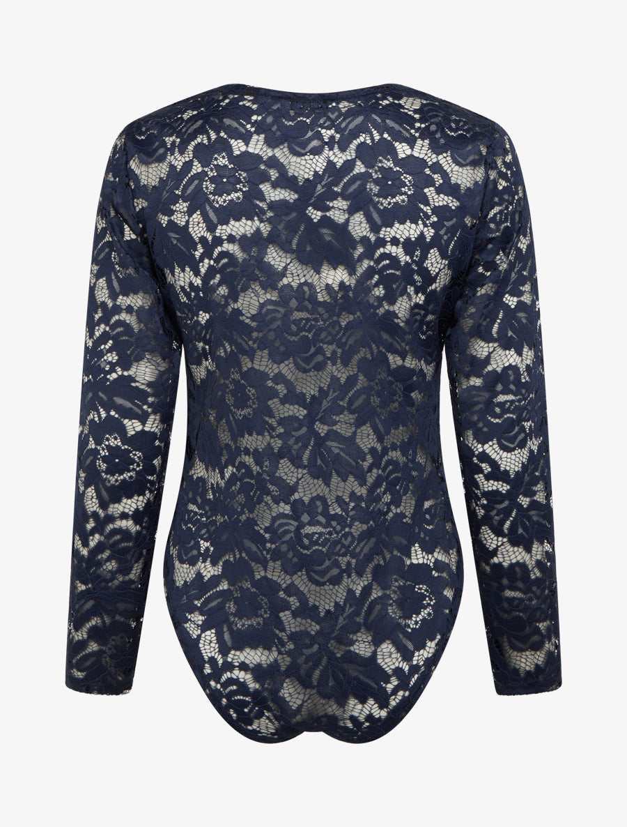 Body en dentelle manches longues - Marine - 2