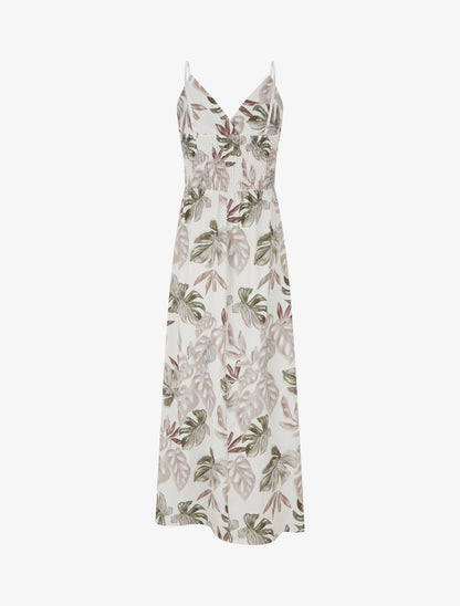 Robe longue à fines bretelles imprimé tropical - Beige - 2