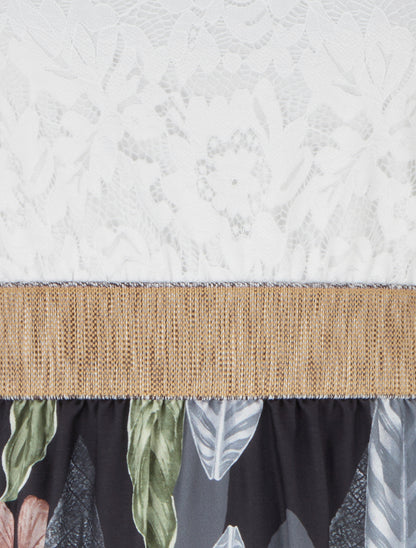 Robe longue à dentelle et imprimé feuilles - Noir - 3