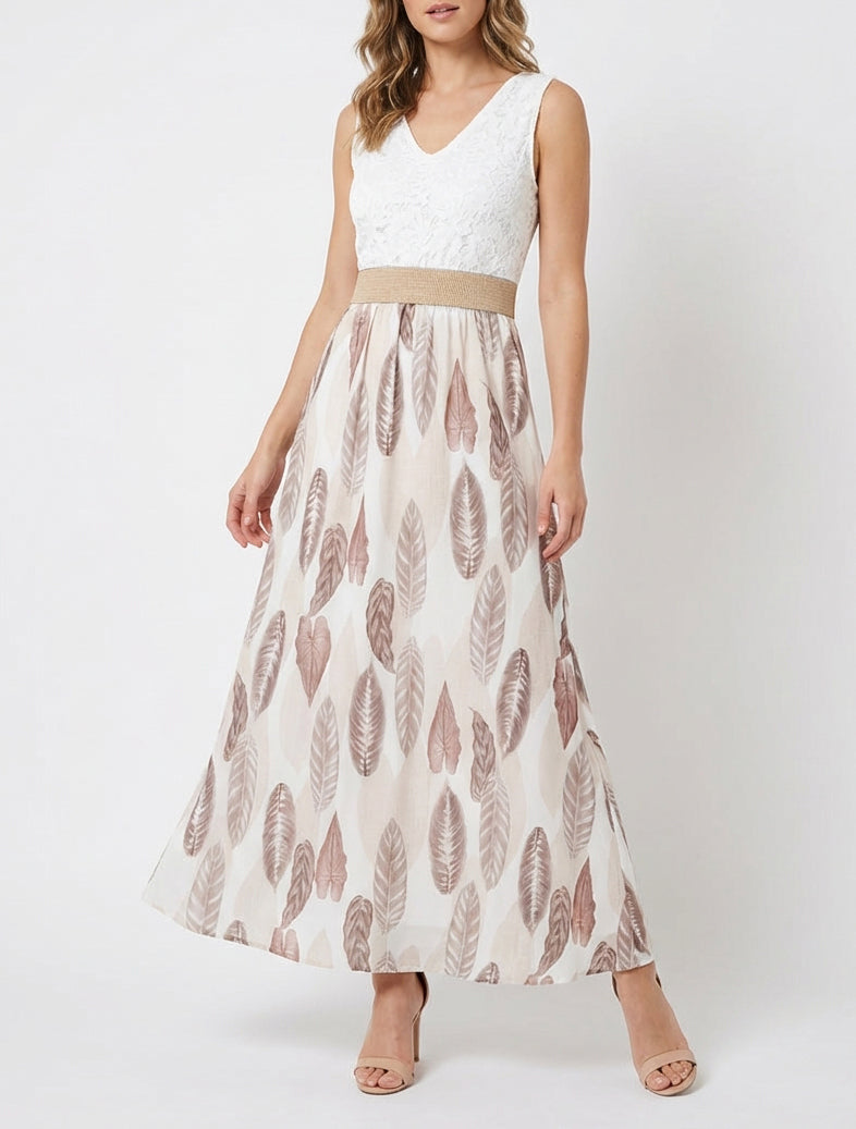 Abito lungo in pizzo e stampa foglie - Beige