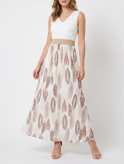 Abito lungo in pizzo e stampa foglie - Beige