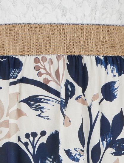 Robe longue à dentelle et imprimé floral - Marine - 3