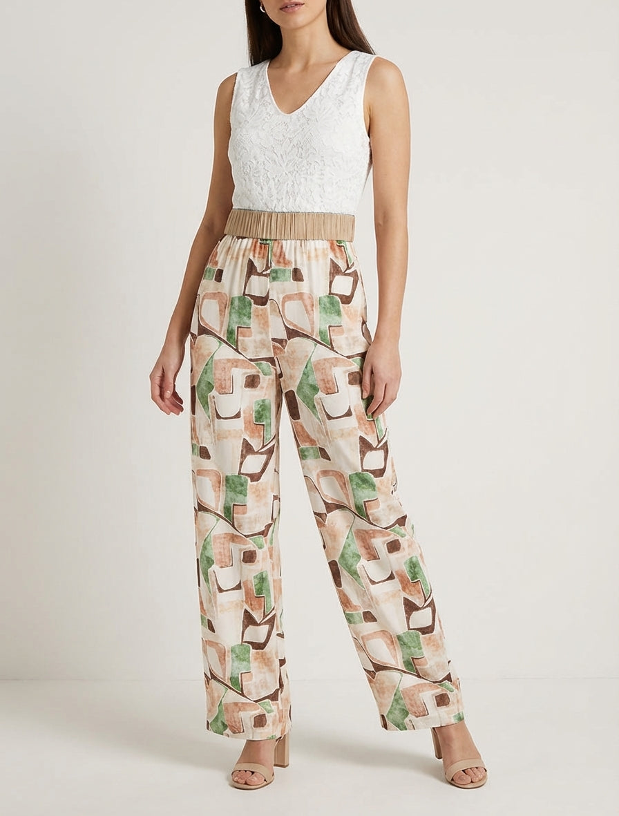 Body in pizzo e stampa fantasia - Beige