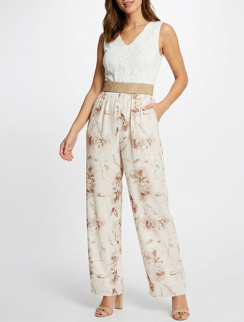 Body in pizzo e stampa floreale - Beige