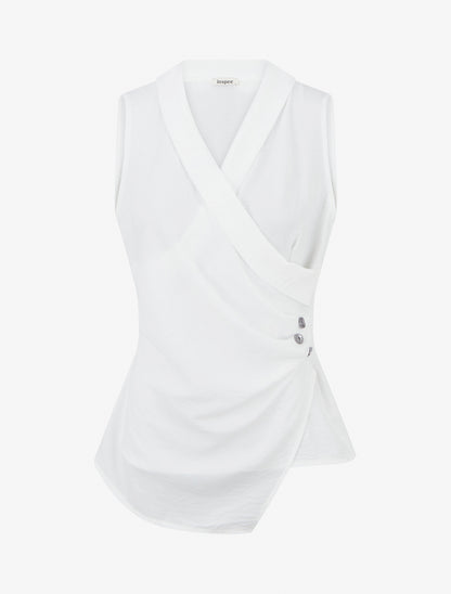 Top sans manches drapé à boutons - Blanc - 1