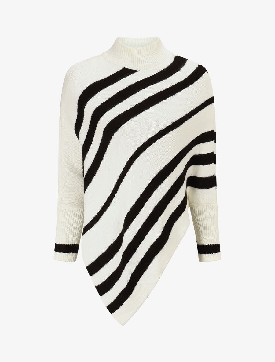 Poncho en maille rayé - Blanc - 1