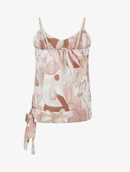 Canotta satinata a fiori con nodo - Beige