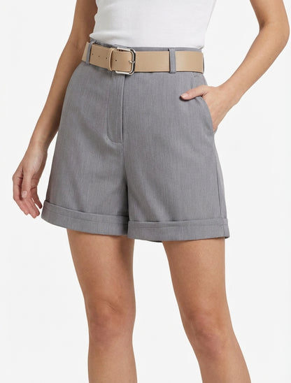 Short a tinta unita con orlo e cintura - Grigio