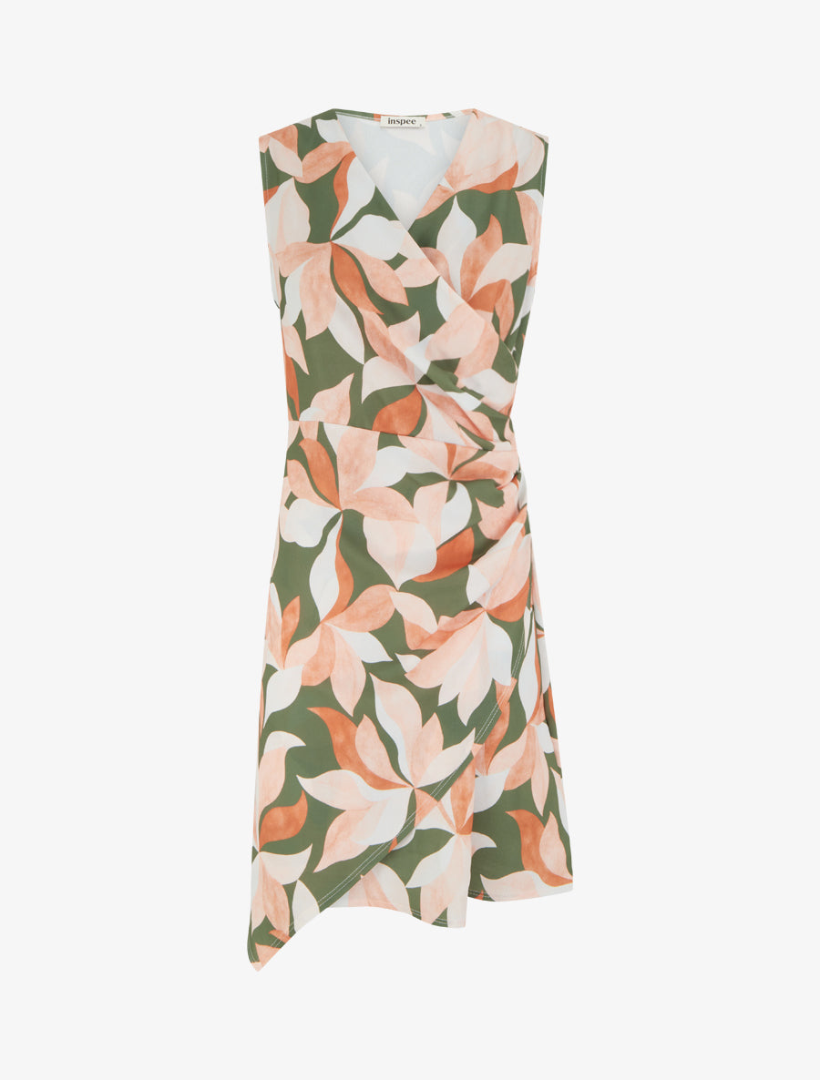 Robe style portefeuille sans manches imprimé feuillages - Kaki - 1