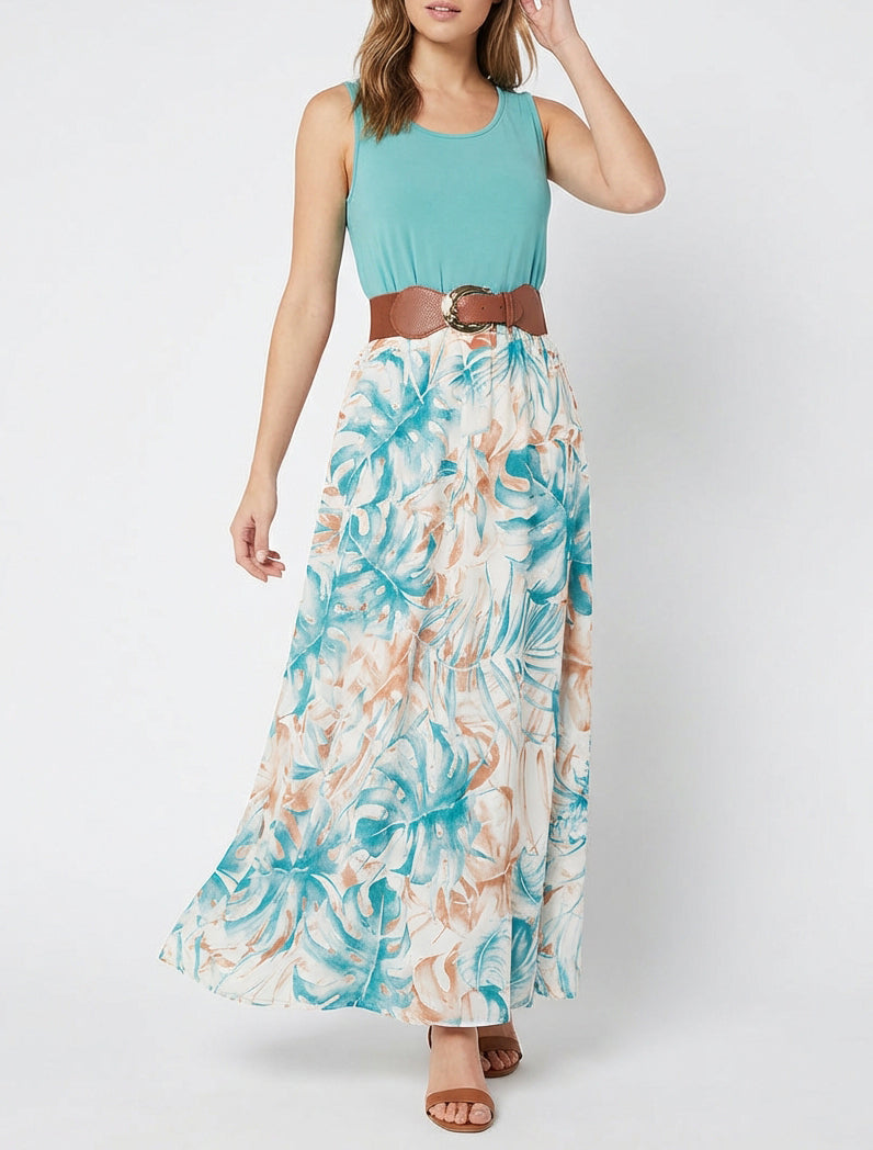 Abito lungo con gonna a stampa fogliame - Turchese