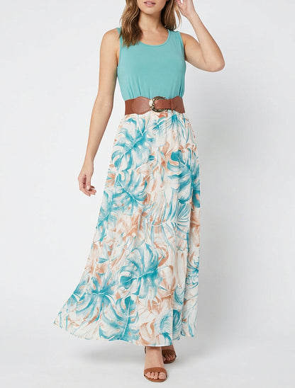 Abito lungo con gonna a stampa fogliame - Turchese