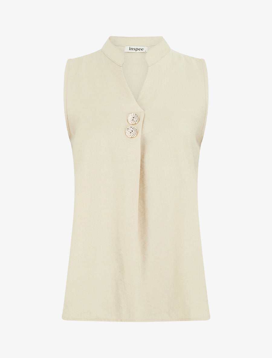 Top droit sans manches à boutons décoratifs - Beige - 1