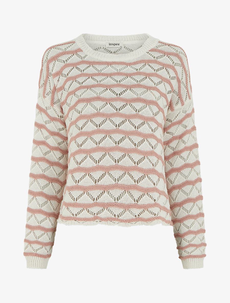 Pull ajouré à rayures fantaisies - Rose - 1