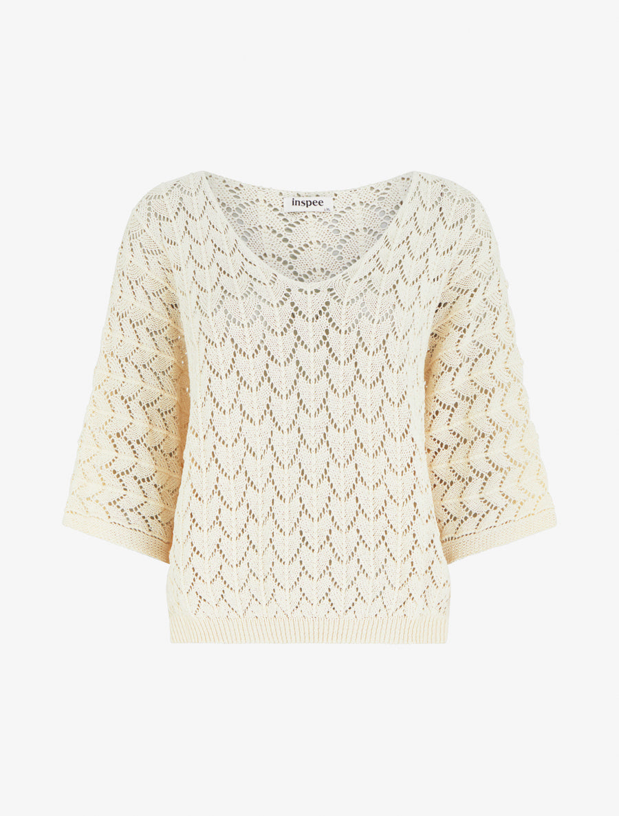 Maglia traforata maniche corte - Beige chiaro