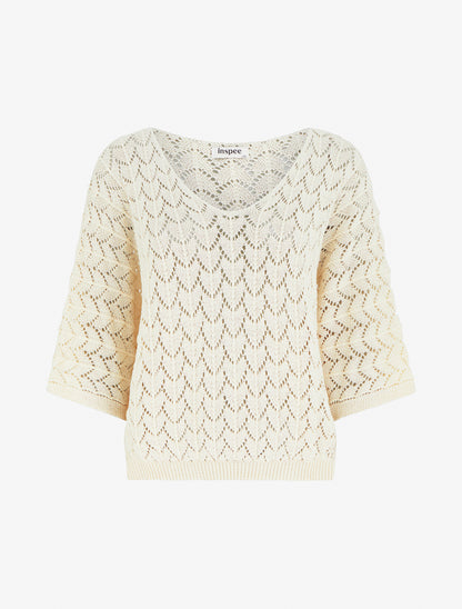 Maglia traforata maniche corte - Beige chiaro