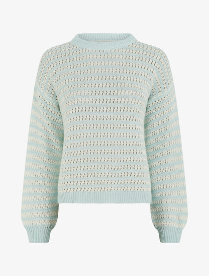 Pull droit à rayures ajourées - Bleu lagon - 1