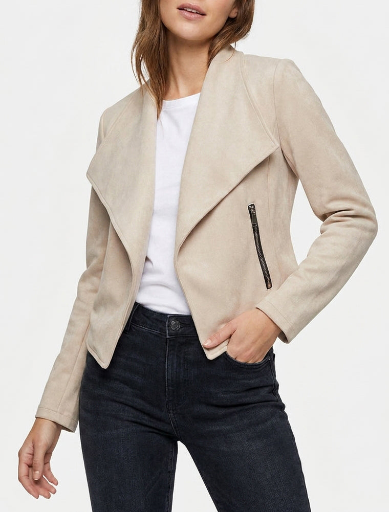 Giacca in camoscio sintetico con tasche decorative con zip - Beige