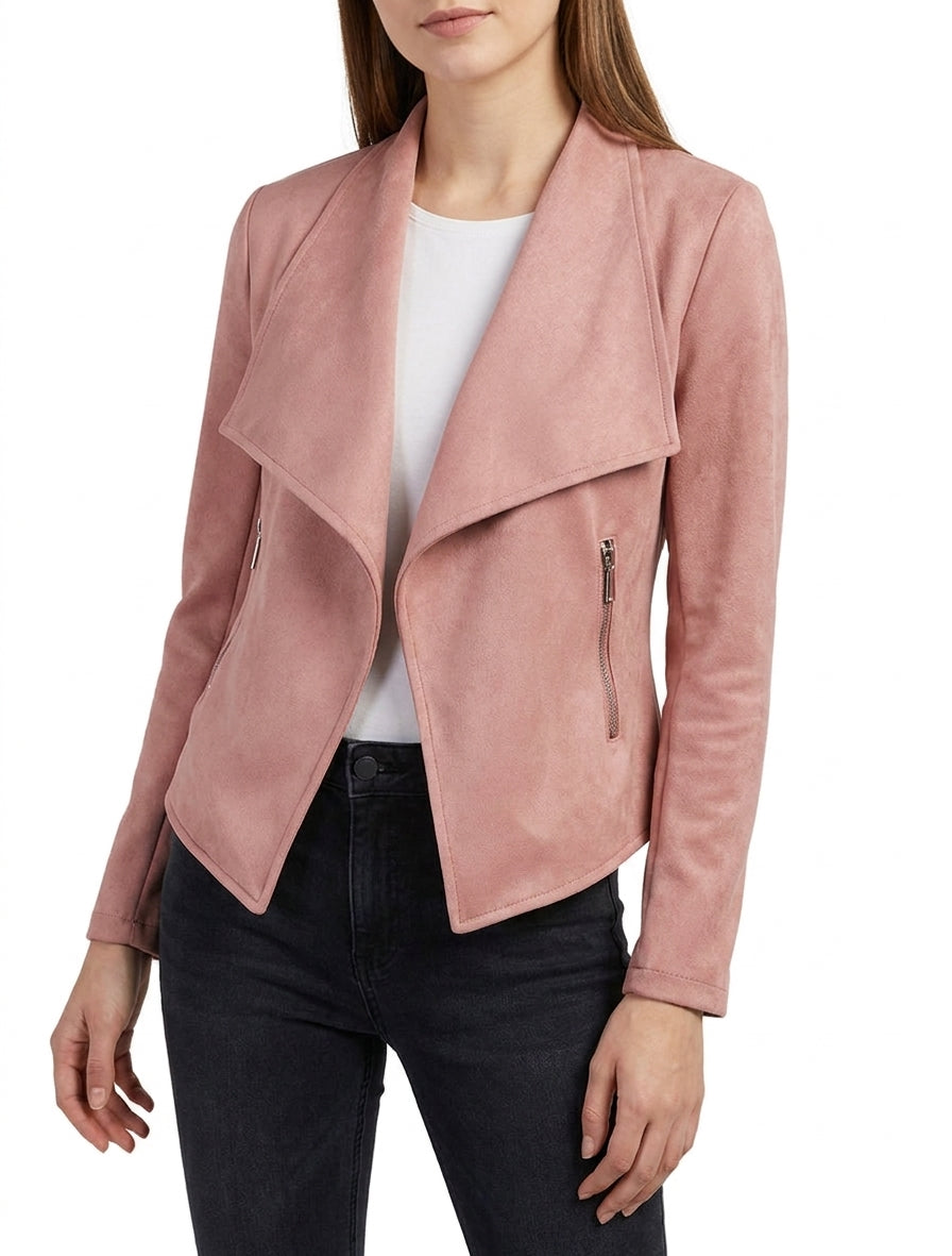 Giacca in camoscio sintetico con tasche decorative con zip - Rosa antico