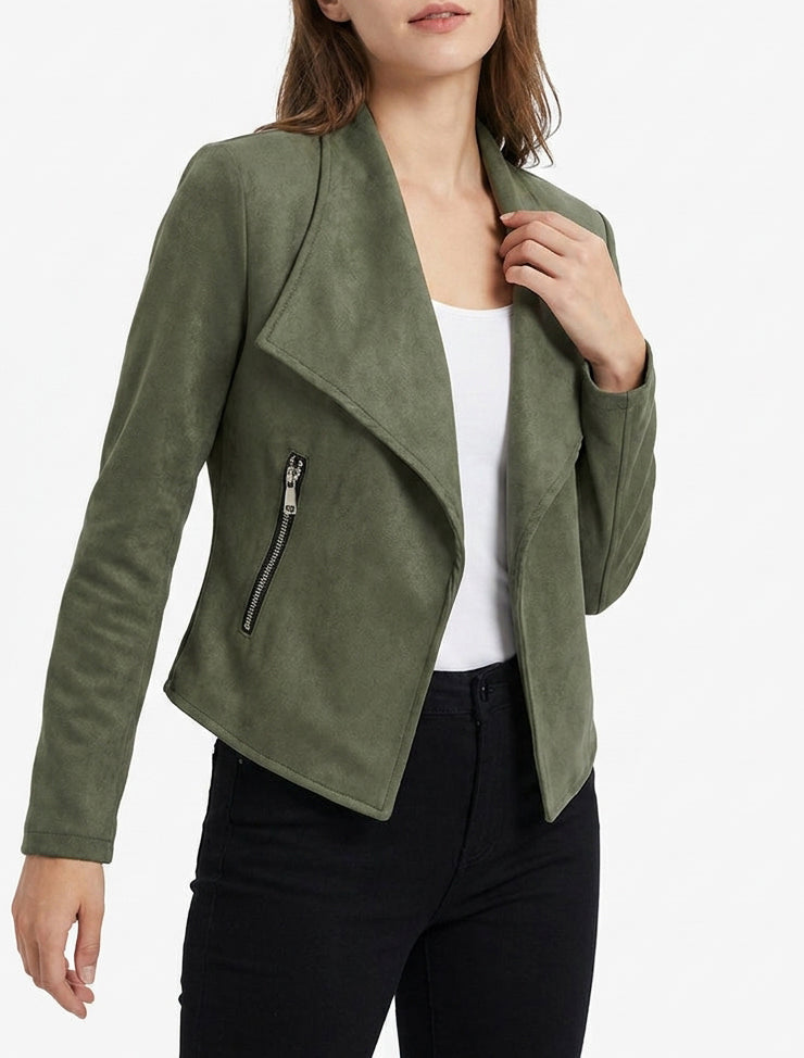 Giacca in camoscio sintetico con tasche decorative con zip - Cachi