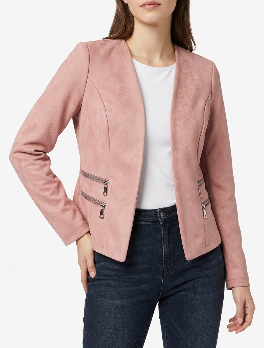Giacca in camoscio sintetico con tasche decorative con zip - Rosa antico