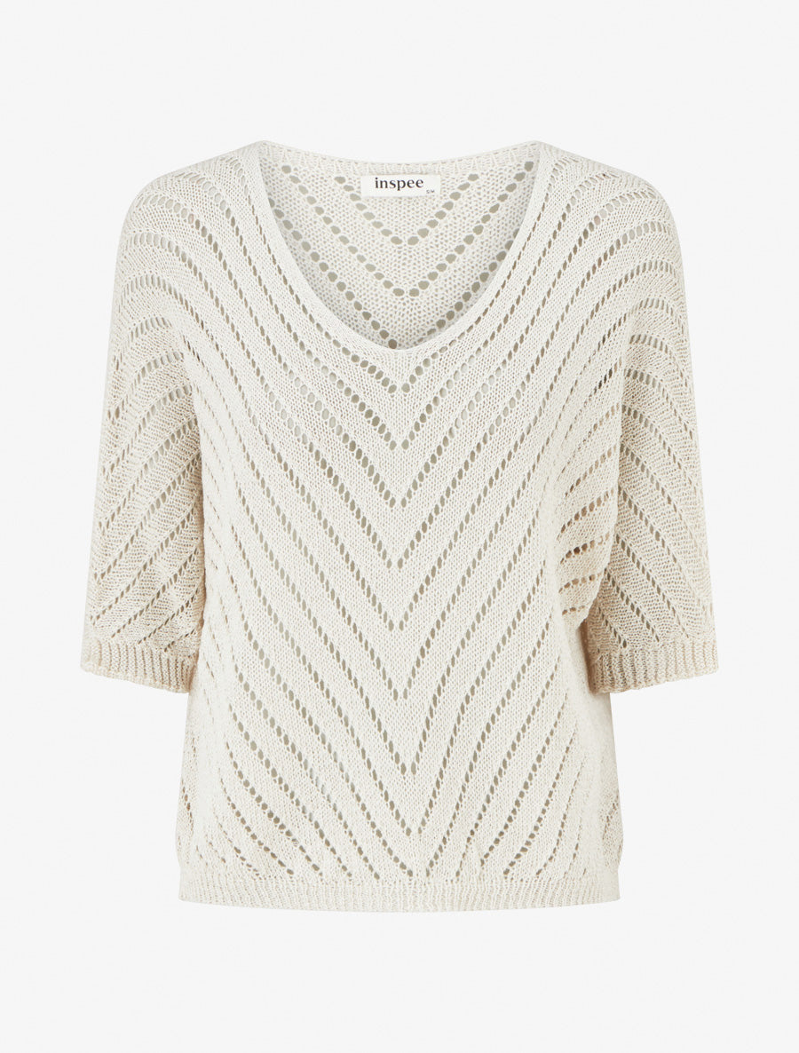 Maglione in maglia leggera con scollo a V - Beige