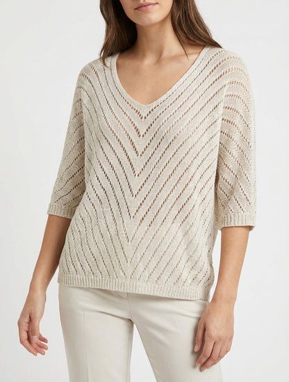 Maglione in maglia leggera con scollo a V - Beige