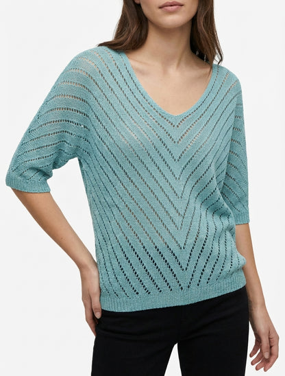 Maglione in maglia leggera con scollo a V - Turchese