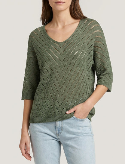 Maglione in maglia leggera con scollo a V - Cachi
