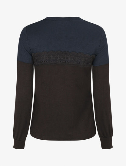 Pull fin et bande en dentelle - Marine - 2