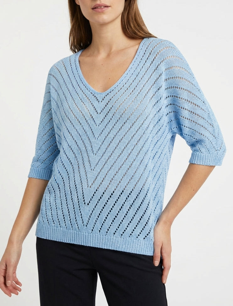 Maglione in maglia leggera con scollo a V - Azzurro cielo