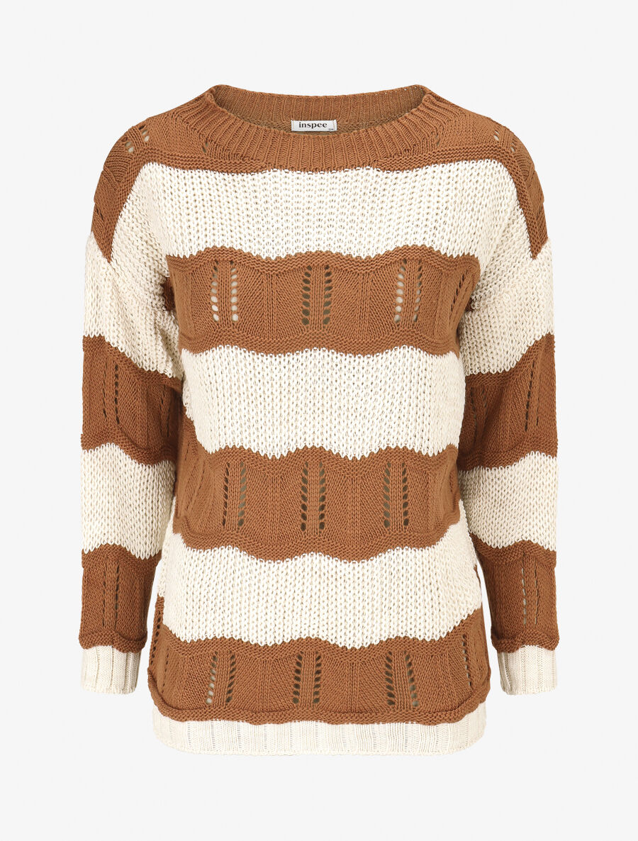Pull en maille ajourée à rayures stylisées - Camel - 1