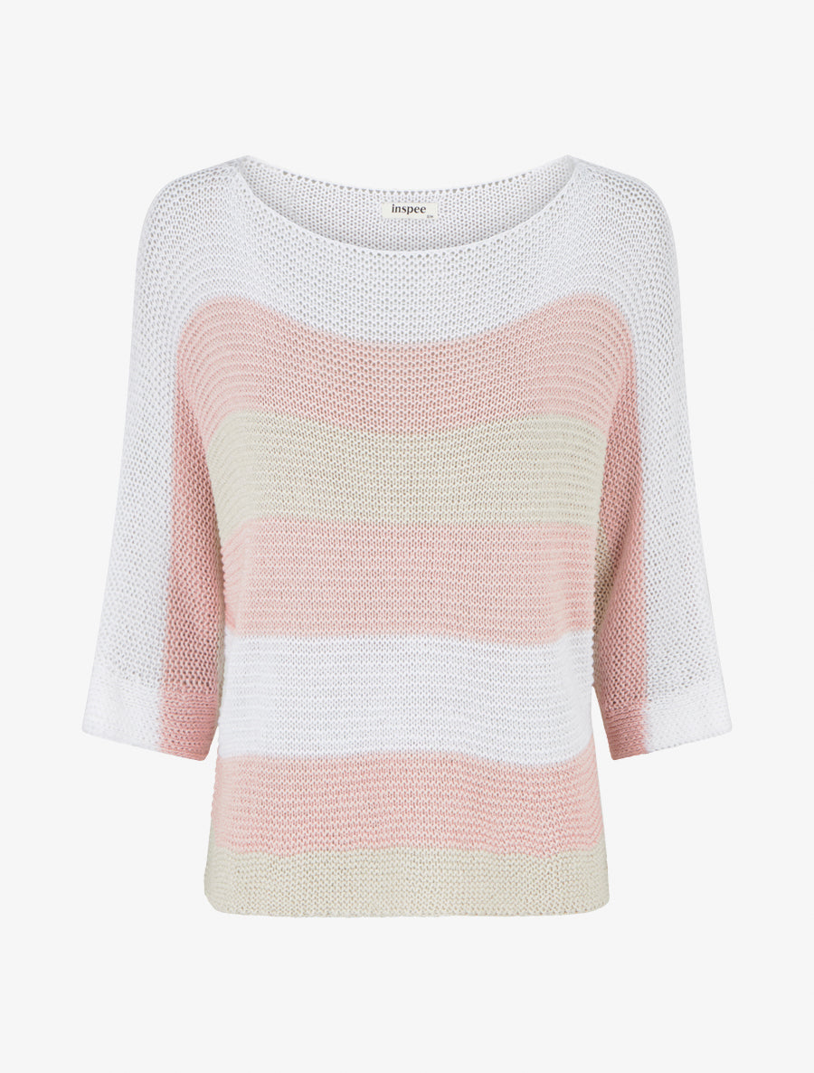 Pull ample à rayures et manches 3/4 - Rose - 1