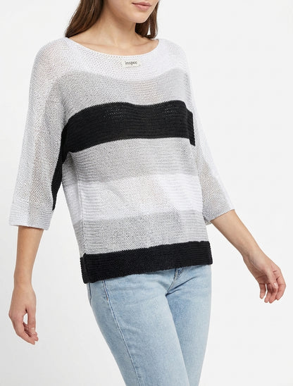 Maglione ampio a righe con maniche a 3/4 - Nero