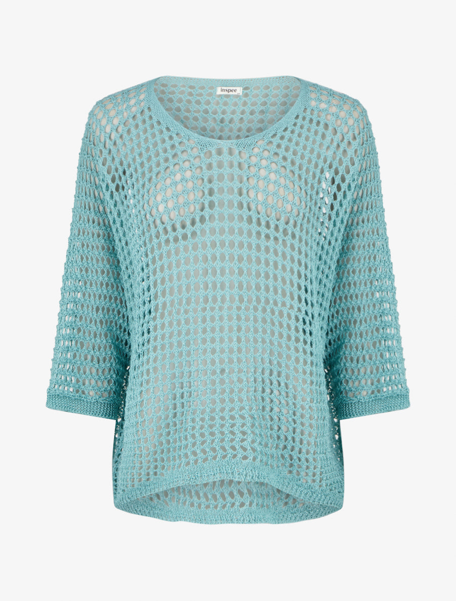 Pull uni ajouré à manches courtes - Turquoise - 1