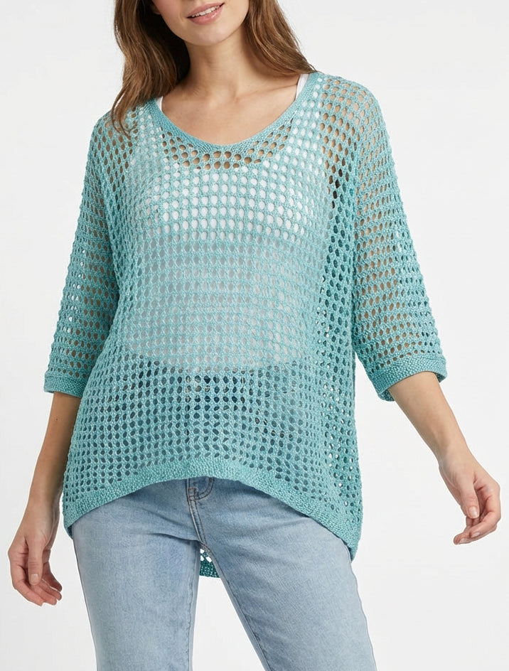 Maglia traforata a maniche corte. - Turchese