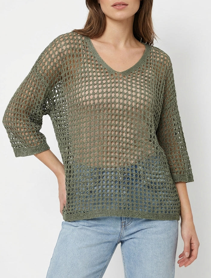 Maglia traforata a maniche corte. - Cachi