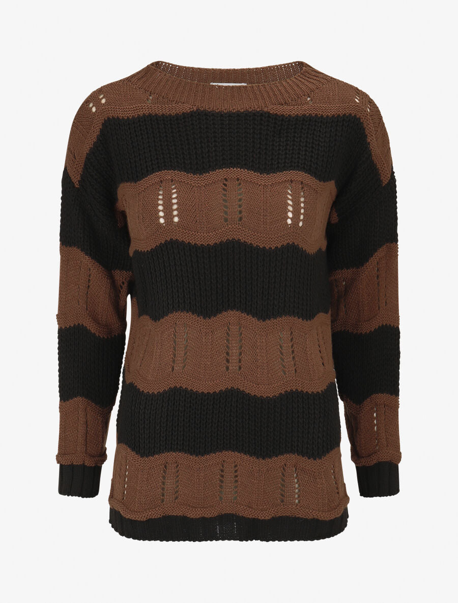 Pull en maille ajourée à rayures stylisées - Marron - 4