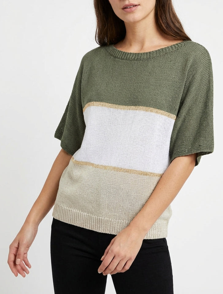 Maglia a righe sottili a maniche corte. - Cachi