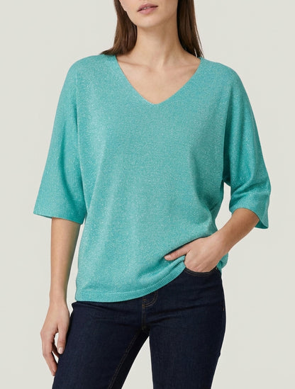 Maglia sottile iridescente con maniche 3/4 - Turchese