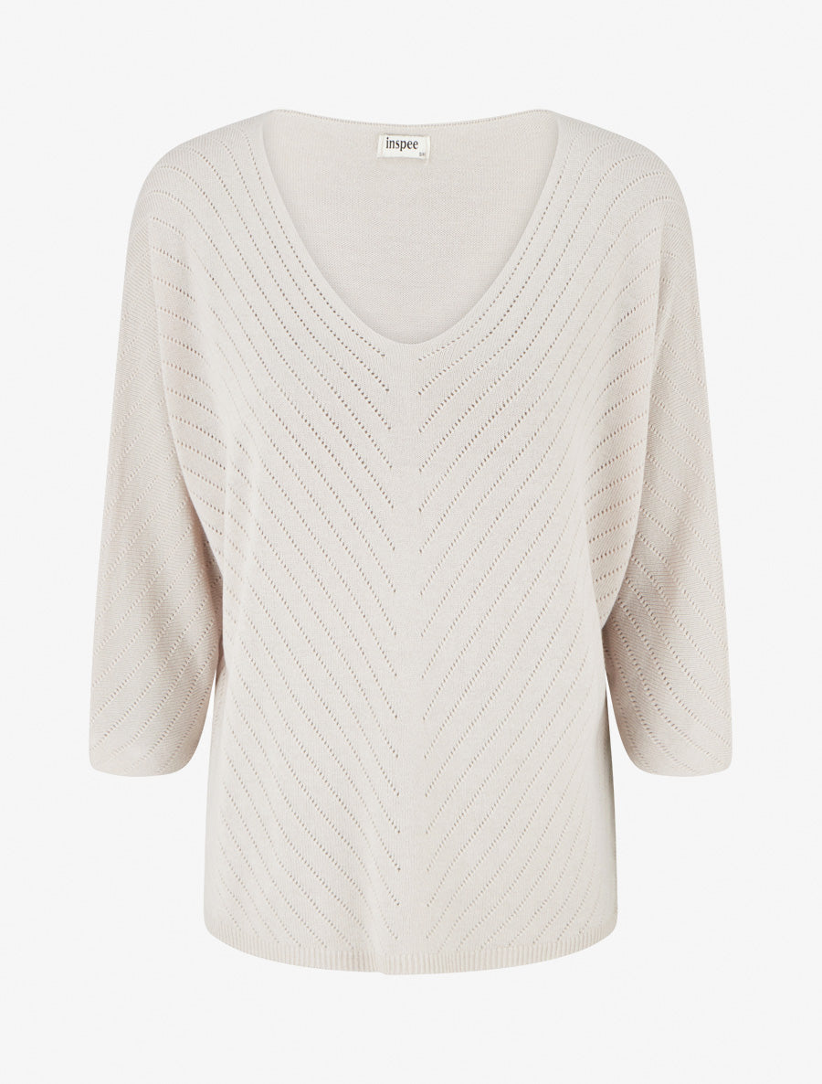 Maglia sottile unita con linee traforate - Beige