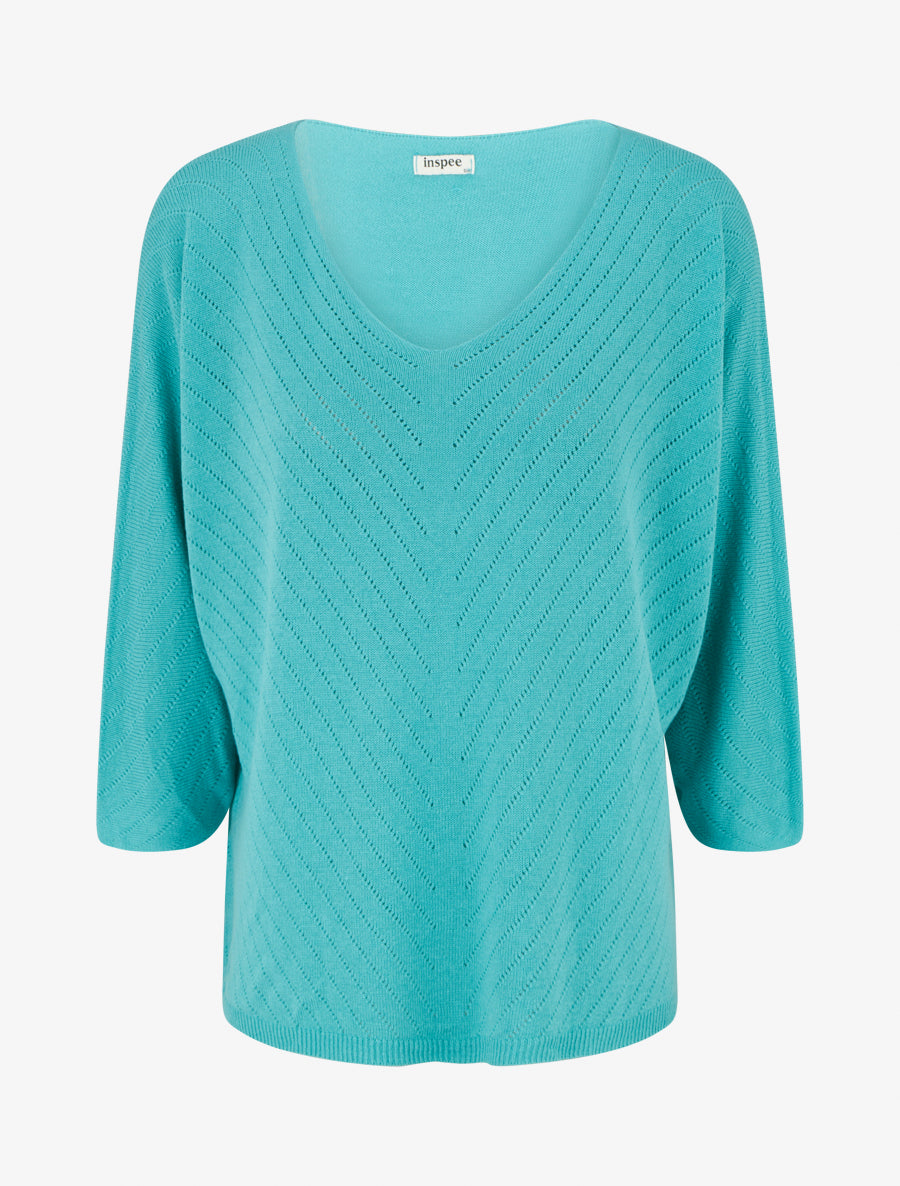 Pull fin uni à lignes ajourées - Turquoise - 1