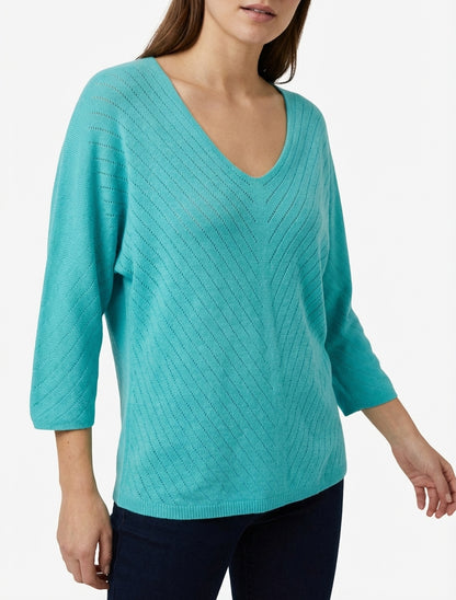 Maglia sottile unita con linee traforate - Turchese