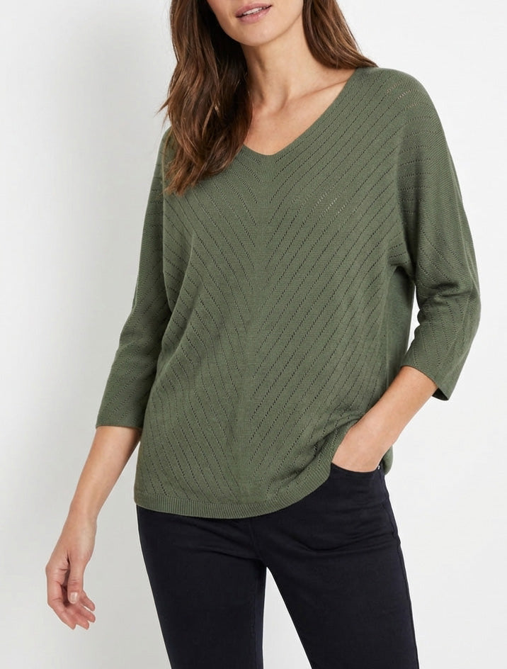 Maglia sottile unita con linee traforate - Cachi